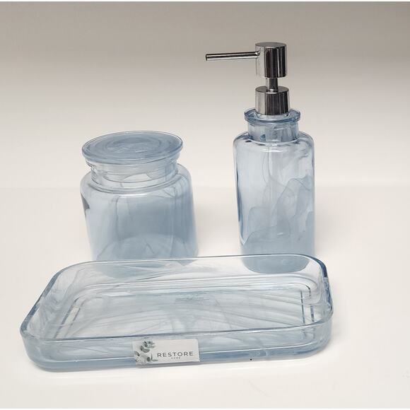 Glass Marble Look Bathroom Essentials 3 Pc Soap Dispenser Set Color Clear Blue - Picture 1 of 8